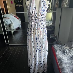 Aqua Floral Halter Dress with Blue Accents